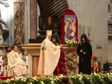 Pope Francis greets Supreme Armenian Catholicos Karekin II during on Divine Mercy Sunday April 12, 2015. 