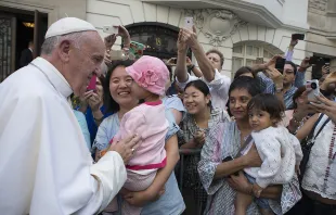 Pope Francis greets a mother and daughter during a special meeting with sick children in New York City, Sept. 25, 2015.   L'Osservatore Romano.