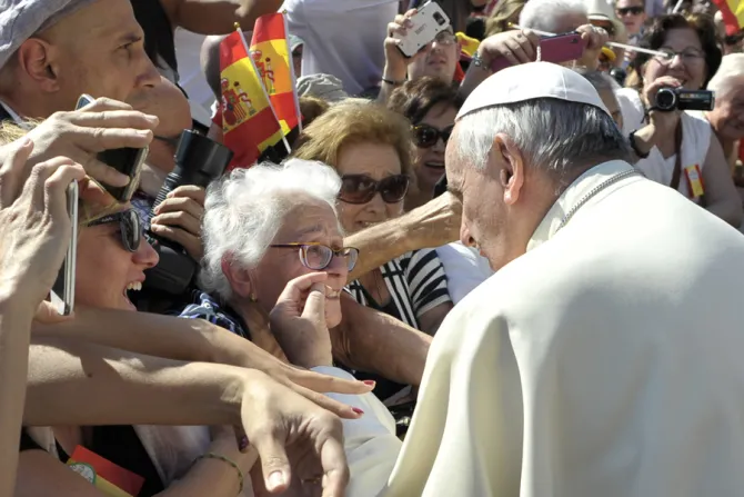 Pope Francis greets an elderly woman at the Wednesday general audience in St Peters Square on June 3 2015 Credit  LOsservatore Romano CNA 6 3 15