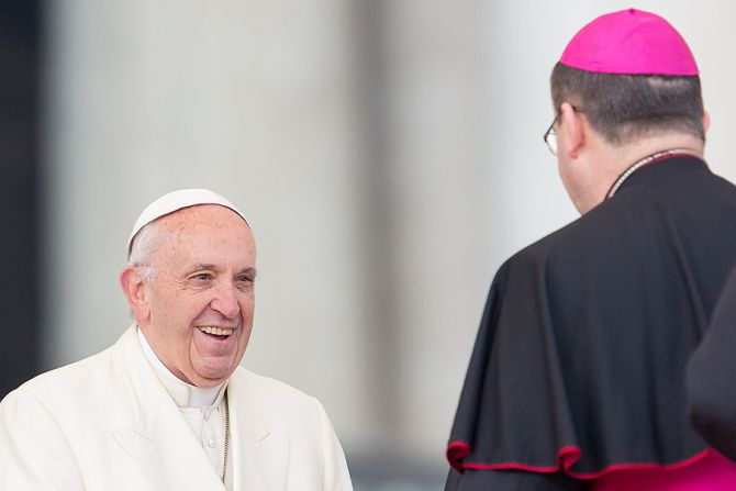 Pope Francis greets bishops Credit Daniel Ibanez 1 CNA