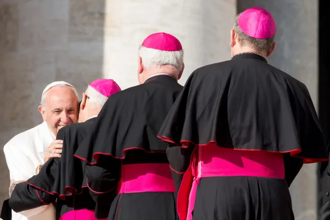 Pope Francis greets bishops Credit Daniel Ibanez CNA