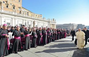 Pope Francis greets cardinals and bishops on Oct. 11, 2017.   Vatican Media