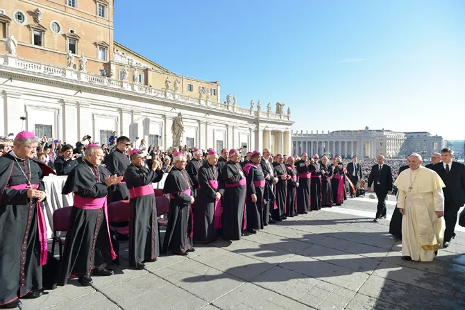Pope Francis greets bishops and cardinals at the general audience in St Peters Square on Oct 11 2017 Credit LOsservatore Romano CNA