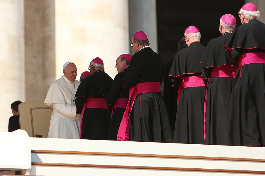 Pope Francis greets bishops and clergy in St. Peter's Square during the Wednesday general audience on Oct. 1 2014. ?w=200&h=150