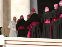 Bishops wait in line to greet Pope Francis at his General Audience held Oct. 1, 2014. 