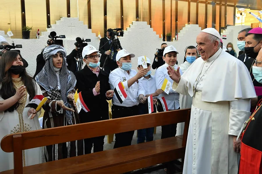 Pope Francis greets children in Iraq March 6, 2021. Credit: Vatican Media.?w=200&h=150