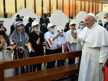 Pope Francis greets children in Iraq March 6, 2021. Credit: Vatican Media.