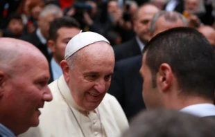Pope Francis greets faithful before mass outside of Istanbul's Cathedral of the Holy Spirit.   Daniel Ibañez/CNA.