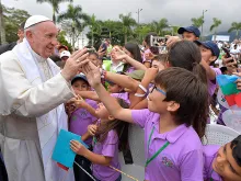 Pope Francis greets locals at the Cross of Reconciliation in the Parque de los Fundadores in Villavicencio, Colombia on September 8, 2017. 