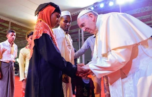Pope Francis greets members of the Rohingya Muslim community in Dhaka, Bangladesh Dec. 1, 2017.   L'Osservatore Romano.