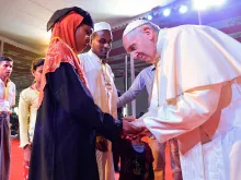 Pope Francis greets members of the Rohingya Muslim community in Dhaka, Bangladesh Dec. 1, 2017. 