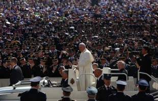 Pope Francis greets members of the military, armed forces and firefighters during his Jubilee general audience April 30, 2016.   Alexey Gotovskiy/CNA.