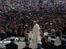 Pope Francis greets members of the military, armed forces and firefighters during his Jubilee general audience April 30, 2016. 