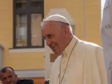 Pope Francis greets musicians at the apostolic nunciature in Sarajevo June 6, 2015. 