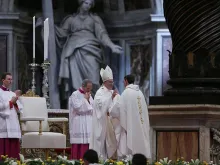 Pope Francis greets newly ordained priests during their Mass of ordination in St. Peter's Basilica, April 26, 2015. 