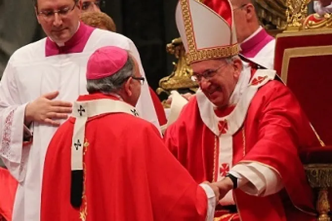 Pope Francis greets one of the 34 metropolitan archbishops to receive the pallium on the Feast of Saints Peter and Paul in St Peters Basilica on June 29 2013 Credit Lauren Cater CNA