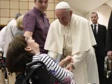 Pope Francis greets patients with Huntington's Disease May 18, 2017. 