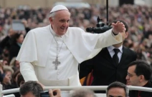 Pope Francis greets pilgrims as he rides through St. Peters Square during his General Audience on Nov. 25, 2013   Elise Harris/CNA