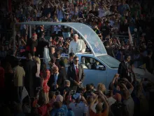Pope Francis greets pilgrims at the Campus Misericoriae before the Saturday night vigil, July 30, 2016. 