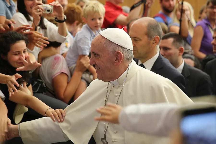 Pope Francis greets pilgrims at the General Audience in St. Peter's Square, Aug. 12, 2015. ?w=200&h=150