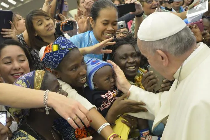 Pope Francis greets pilgrims before the General Audience in the Vatican's Paul VI Hall, Aug. 19, 2015. ?w=200&h=150