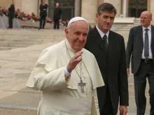 Pope Francis greets pilgrims during his Oct. 29, 2014 General Audience. 