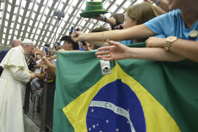 Pope Francis greets pilgrims from Brazil at the Wednesday general audience in Paul VI Hall on August 12 2015 Credit LOsservatore Romano CNA 8 12 15