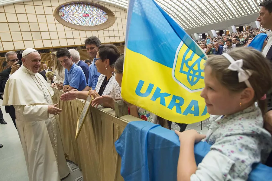 Pope Francis greets Ukrainian pilgrims at the General Audience in the Vatican's Paul VI Hall, Aug. 19, 2015. ?w=200&h=150