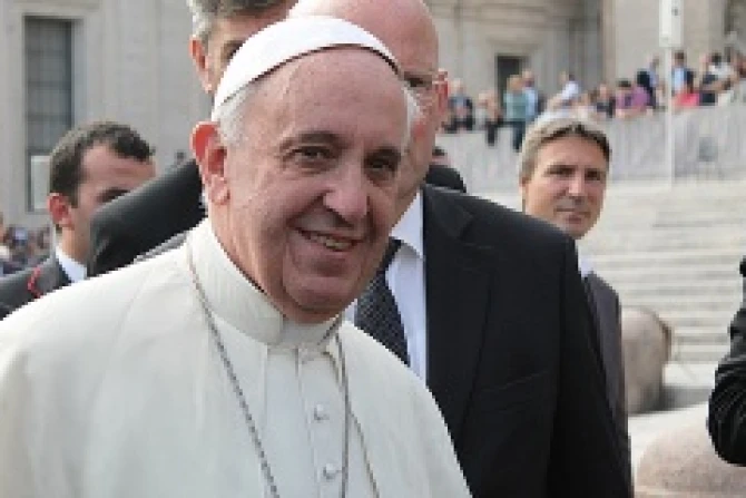 Pope Francis greets pilgrims in St Peters Square before the Wednesday general audience October 30 2013 Credit Marta Jimnez CNA 4 CNA 10 30 13