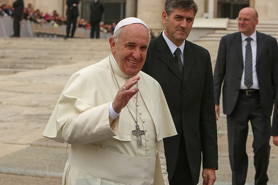 Pope Francis greets pilgrims in St. Peter's Square before the Wednesday general audience on Oct. 29, 2014. ?w=200&h=150