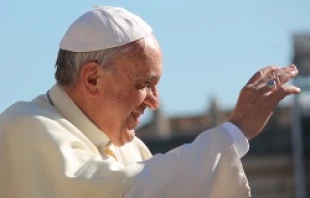 Pope Francis greets pilgrims gathered in St. Peter's Square during his Oct. 2, 2013 general audience.   Marianne Medlin/CNA.