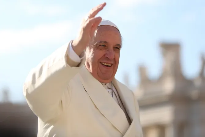 Pope Francis greets pilgrims in St Peters Square during his Feb 18 2015 general audience Credit Daniel Ibez CNA