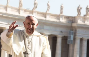 Pope Francis greets pilgrims in St. Peter's Square during his May 31, 2017, general audience.   Daniel Ibañez/CNA.