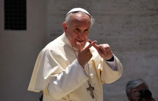 Pope Francis greets pilgrims in St. Peter's Square during the Wednesday general audience on May 21, 2014.   Daniel Ibáñez/CNA.