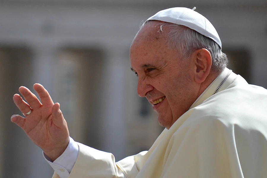 Pope Francis greets pilgrims in St. Peter's Square during the Wednesday general audience on May 28, 2014. ?w=200&h=150