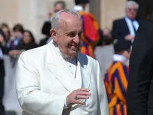 Pope Francis greets pilgrims in St. Peter's Square during the Wednesday General Audience, April 16, 2014. 