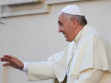 Pope Francis greets pilgrims in St. Peter's Square during the Wednesday general audience on August 27, 2014. 