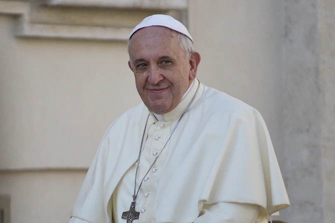 Pope Francis greets pilgrims in St Peters Square during the Wednesday general audience on August 27 2014 Credit Daniel Ibez CNA 8 CNA 8 27 14