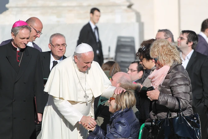 Pope Francis greets pilgrims in St Peters Square during the Wednesday general audience on Dec 17 2014 Credit Bohumil Petrik CNA 3 CNA 12 17 14