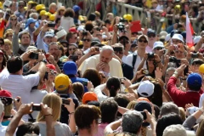 Pope Francis greets pilgrims in St Peters Square during the Wednesday general audience on May 28 2014 Credit Daniel Ibez CNA CNA 5 28 14