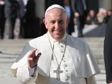 Pope Francis greets pilgrims in St. Peter's Square during the Wednesday general audience Nov. 19, 2014. 
