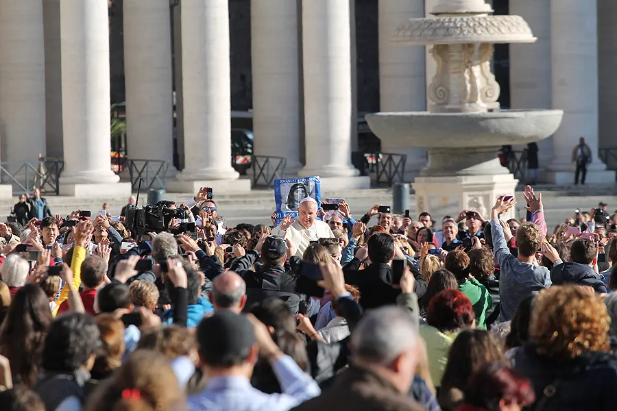 Pope Francis greets pilgrims in St. Peter's Square during the General Audience, Nov. 19, 2014. ?w=200&h=150