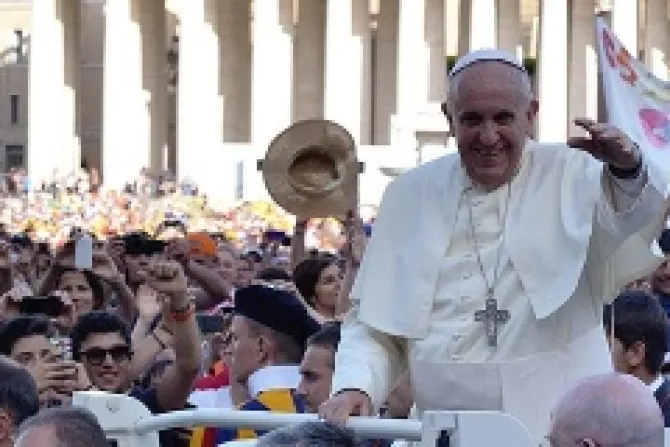 Pope Francis greets pilgrims in St Peters Square for the Italian Sporting Centers celebration of sports June 7 2014 Credit Daniel Ibez CNA 7 CNA 6 7 14