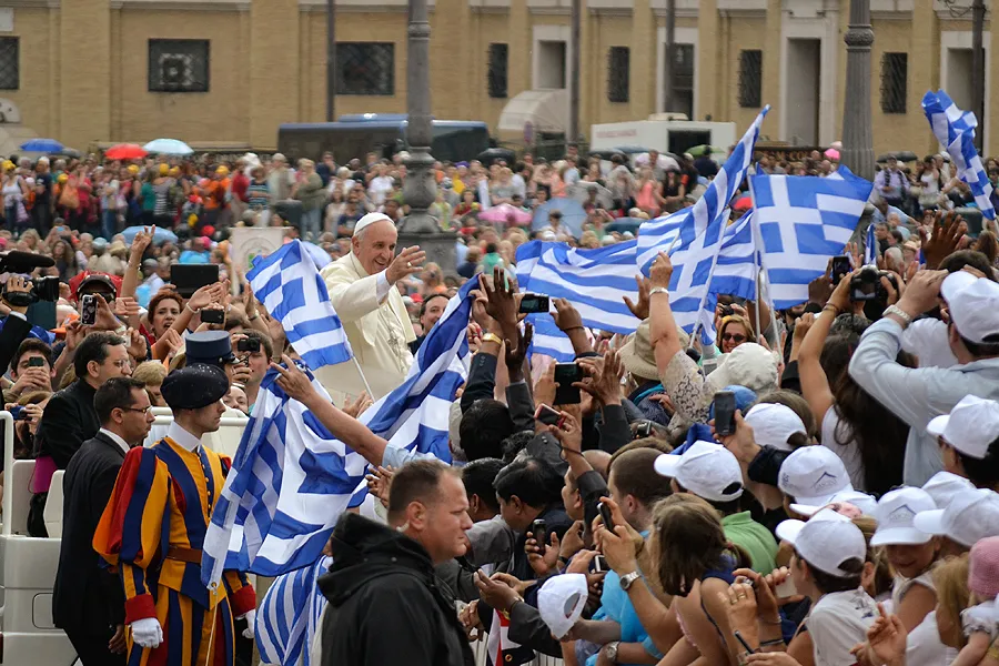Pope Francis greets Greek pilgrims at a General Audience address in St. Peter's Square, June 25, 2014. ?w=200&h=150