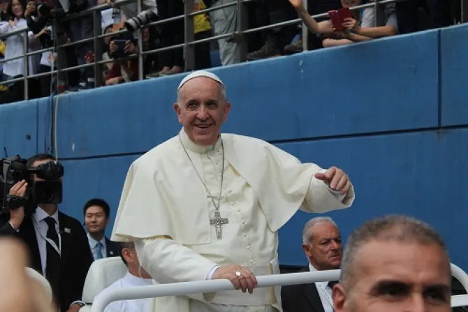 Pope Francis greets pilgrims in the World Cup Staduim of Daejeon during his Mass for the feast of the Assupmtion on Aug  15 2014 Credit Alan Holdren CNA