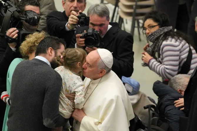 Pope Francis greets pilgrims present in the Vaticans Paul VI Hall for his Jan 20 2015 general audience Credit Bohumil Petrik CNA