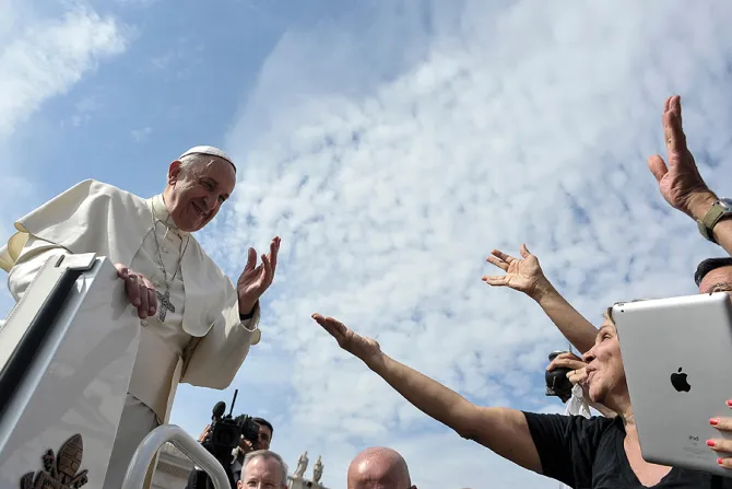 Pope Francis greets the Wednesday General Audience in St Peters Square on May 20 2015 Credit   LOsservatore Romano CNA 5 20 15
