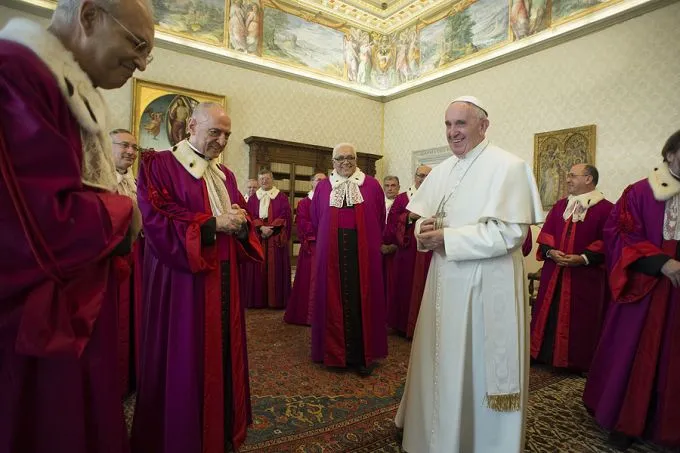 Pope Francis greets the judges of the Roman Rota at the Vatican's Clementine Hall, Jan. 22, 2016. ?w=200&h=150