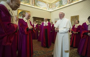 Pope Francis greets the judges of the Roman Rota at the Vatican's Clementine Hall Jan. 22, 2016.   L'Osservatore Romano.