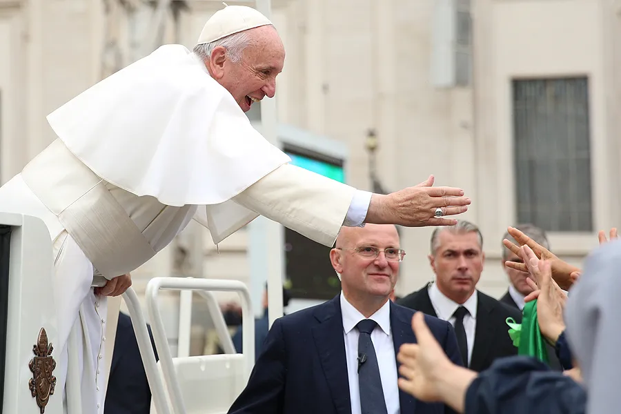Pope Francis greets the pilgrims at the general audience in St. Peter's Square on Oct. 28, 2015. ?w=200&h=150